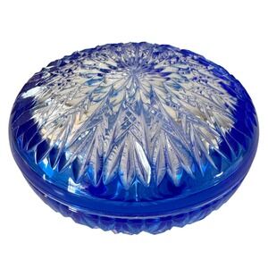 Cristal D'Arques Cobalt Blue Cut to Clear Crystal Glass Covered Dish Trinket Box